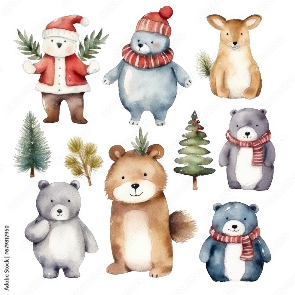 set different cartoon winter cute animals character of watercolors on white background set different cartoon winter cute animals character of watercolors on white background