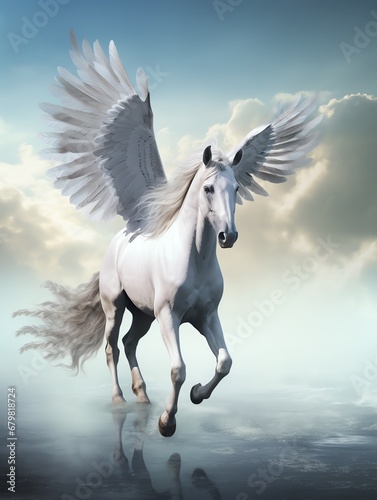 a horse with wings running in water