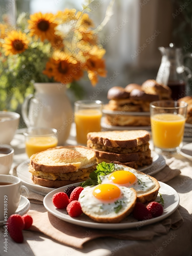 A Feast of Flavors: A Table Set with Delicious Food and Steaming Cups of Coffee A Feast of Flavors: A Table Set with Delicious Food and Steaming Cups of Coffee