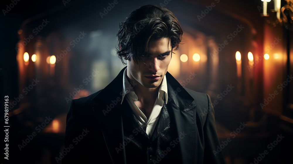attractive male vampire in a classic suit. protagonist  character of a romantic fantasy novel - obrazy, fototapety, plakaty 