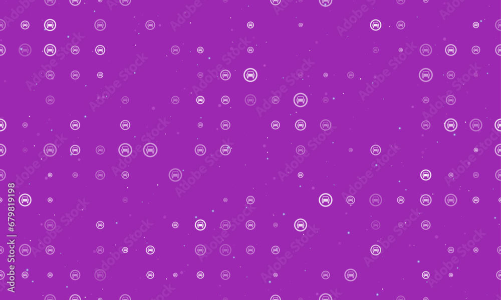 Seamless background pattern of evenly spaced white no car signs of different sizes and opacity. Vector illustration on purple background with stars Seamless background pattern of evenly spaced white no car signs of different sizes and opacity. Vector illustration on purple background with stars