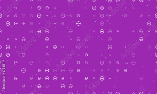 Seamless background pattern of evenly spaced white no overtaking signs of different sizes and opacity. Vector illustration on purple background with stars