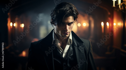 attractive male vampire in a classic suit. protagonist  character of a romantic fantasy novel
