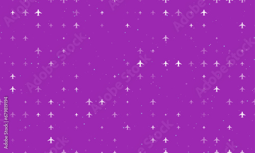 Seamless background pattern of evenly spaced white airplane symbols of different sizes and opacity. Vector illustration on purple background with stars