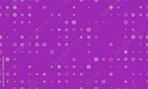 Seamless background pattern of evenly spaced white no car signs of different sizes and opacity. Vector illustration on purple background with stars