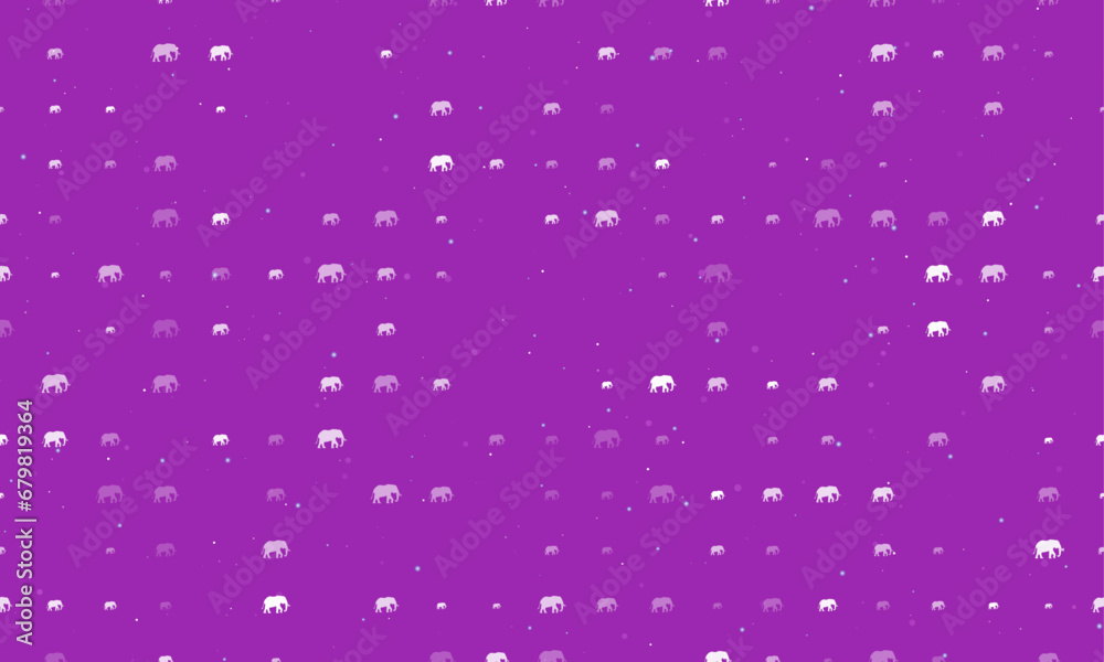 Seamless background pattern of evenly spaced white elephant symbols of different sizes and opacity. Vector illustration on purple background with stars