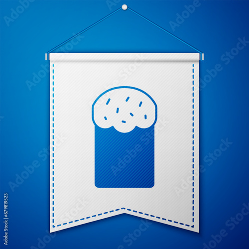 Blue Easter cake icon isolated on blue background. Happy Easter. White pennant template. Vector