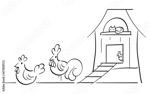 Line art illustration of chickens and rooster by a chicken coop