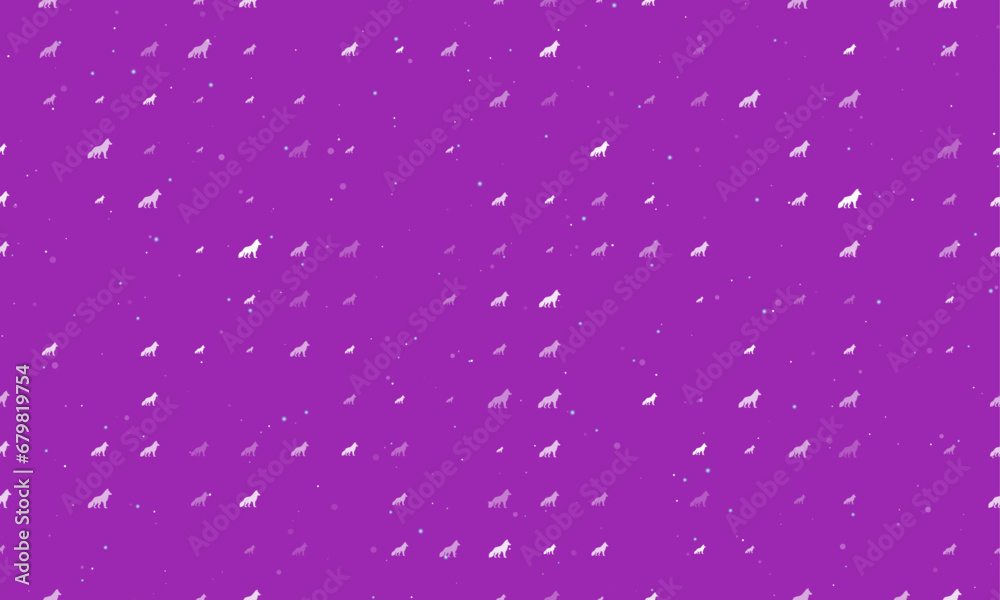 Seamless background pattern of evenly spaced white wolf symbols of different sizes and opacity. Vector illustration on purple background with stars