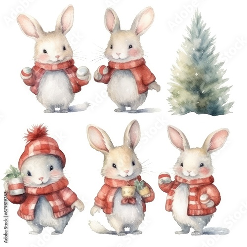 set rabbit cartoon winter. New Year's bunny cute animals character of watercolors on white background