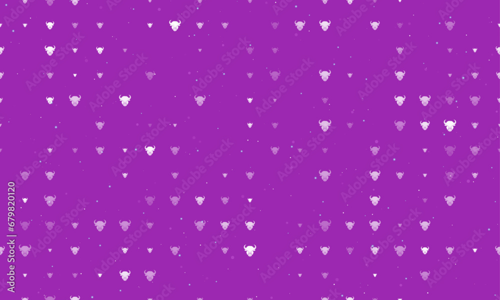 Seamless background pattern of evenly spaced white buffalo heads of different sizes and opacity. Vector illustration on purple background with stars