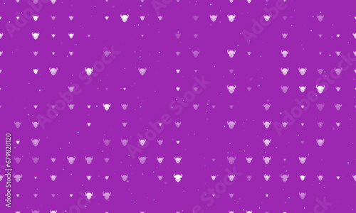 Seamless background pattern of evenly spaced white buffalo heads of different sizes and opacity. Vector illustration on purple background with stars