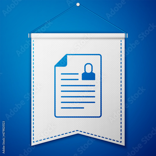 Blue Resume icon isolated on blue background. CV application. Searching professional staff. Analyzing personnel resume. White pennant template. Vector