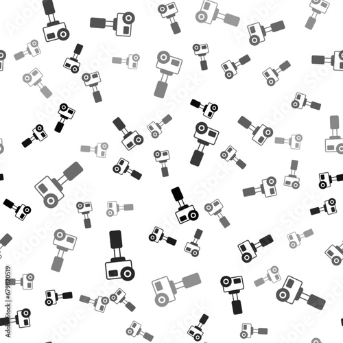Black Action extreme camera icon isolated seamless pattern on white background. Video camera equipment for filming extreme sports. Vector