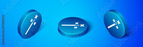 Isometric Photo retouching icon isolated on blue background. Photographer, photography, retouch icon. Blue circle button. Vector