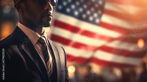 Abstract male politician on the background of the American flag photo