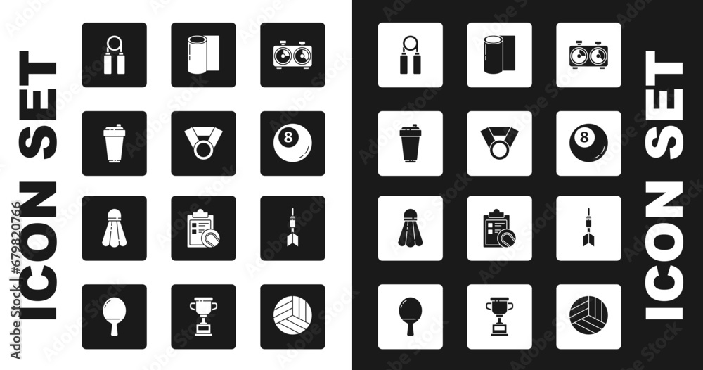 Set Time chess clock, Medal, Fitness shaker, Sport expander, Billiard pool snooker ball, mat roll, Dart arrow and Badminton shuttlecock icon. Vector Set Time chess clock, Medal, Fitness shaker, Sport expander, Billiard pool snooker ball, mat roll, Dart arrow and Badminton shuttlecock icon. Vector