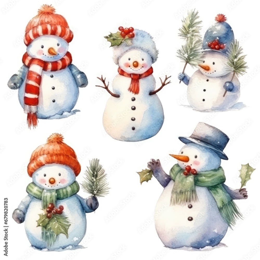 set snowman of watercolors on white background