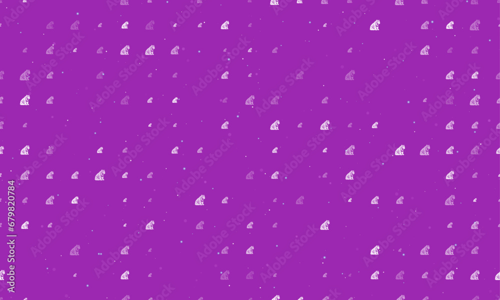 Seamless background pattern of evenly spaced white sitting tiger symbols of different sizes and opacity. Vector illustration on purple background with stars
