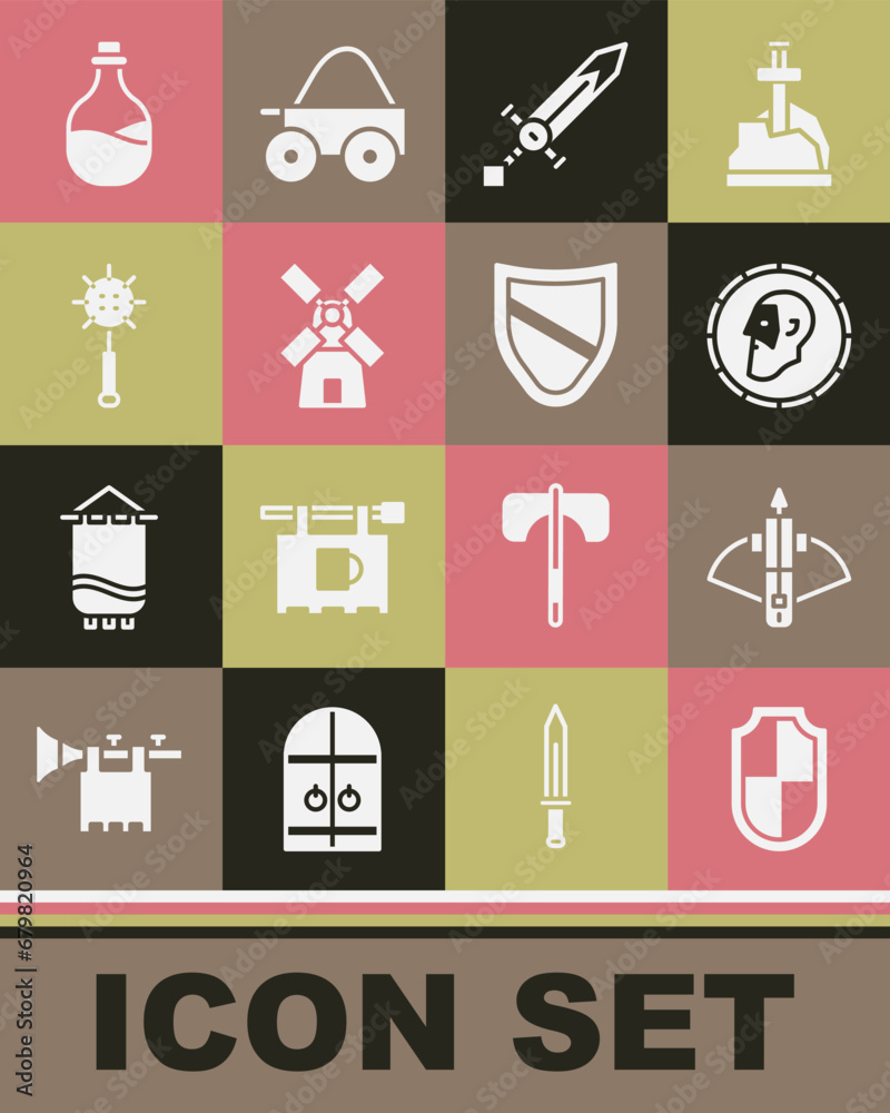 Set Shield, Battle crossbow with arrow, Ancient coin, Medieval sword, Windmill, chained mace ball, Old bottle of wine and icon. Vector Set Shield, Battle crossbow with arrow, Ancient coin, Medieval sword, Windmill, chained mace ball, Old bottle of wine and icon. Vector