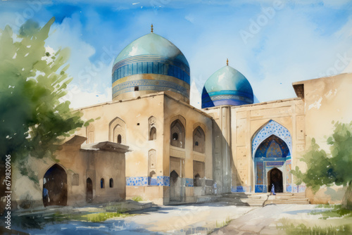 Uzbekistan in summer, watercolor. AI generative
