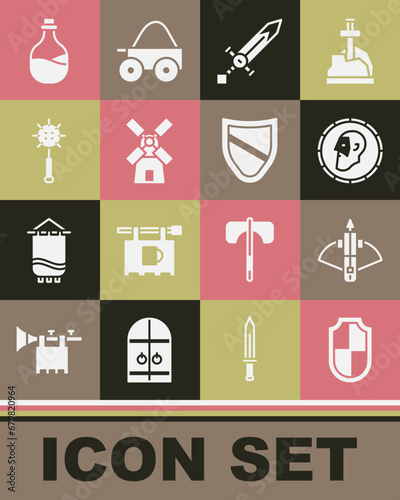 Set Shield, Battle crossbow with arrow, Ancient coin, Medieval sword, Windmill, chained mace ball, Old bottle of wine and icon. Vector