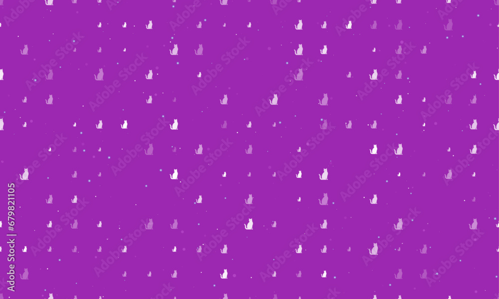 Seamless background pattern of evenly spaced white cat icons of different sizes and opacity. Vector illustration on purple background with stars