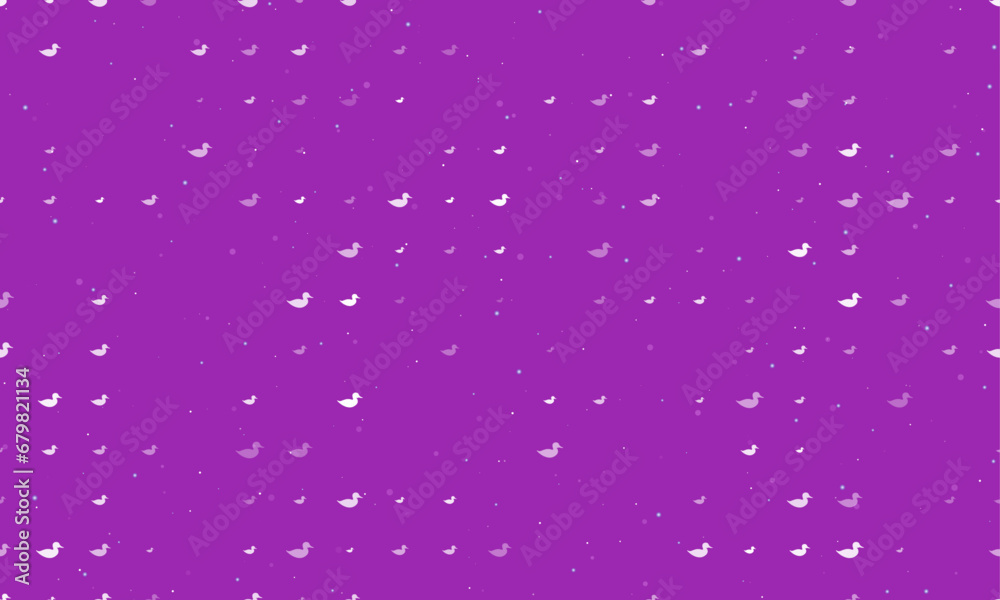 Seamless background pattern of evenly spaced white duck symbols of different sizes and opacity. Vector illustration on purple background with stars