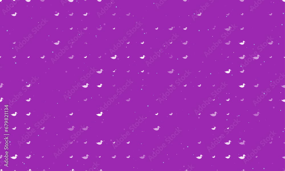 Seamless background pattern of evenly spaced white duck symbols of different sizes and opacity. Vector illustration on purple background with stars Seamless background pattern of evenly spaced white duck symbols of different sizes and opacity. Vector illustration on purple background with stars
