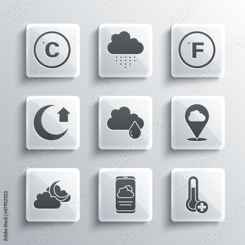 Set Weather forecast, Meteorology thermometer, Location cloud, Cloud with rain, moon, Moon, Celsius and Fahrenheit icon. Vector