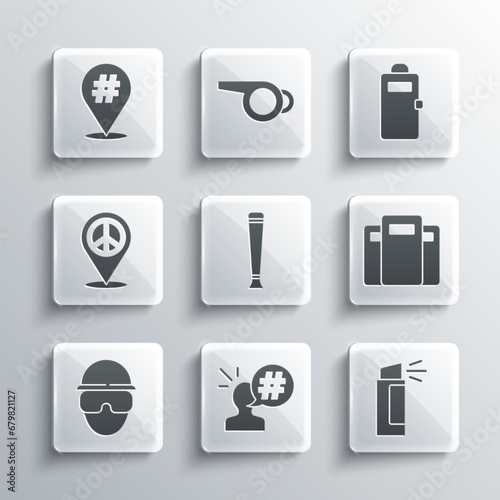 Set Protest, Pepper spray, Police assault shield, rubber baton, Special forces soldier, Location peace, and icon. Vector