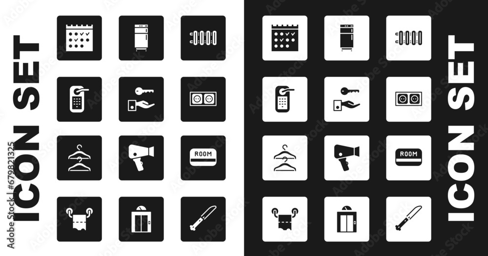 Set Heating radiator, Hotel door lock key, Digital, booking calendar, Electrical outlet, Refrigerator, card and Hanger wardrobe icon. Vector Set Heating radiator, Hotel door lock key, Digital, booking calendar, Electrical outlet, Refrigerator, card and Hanger wardrobe icon. Vector