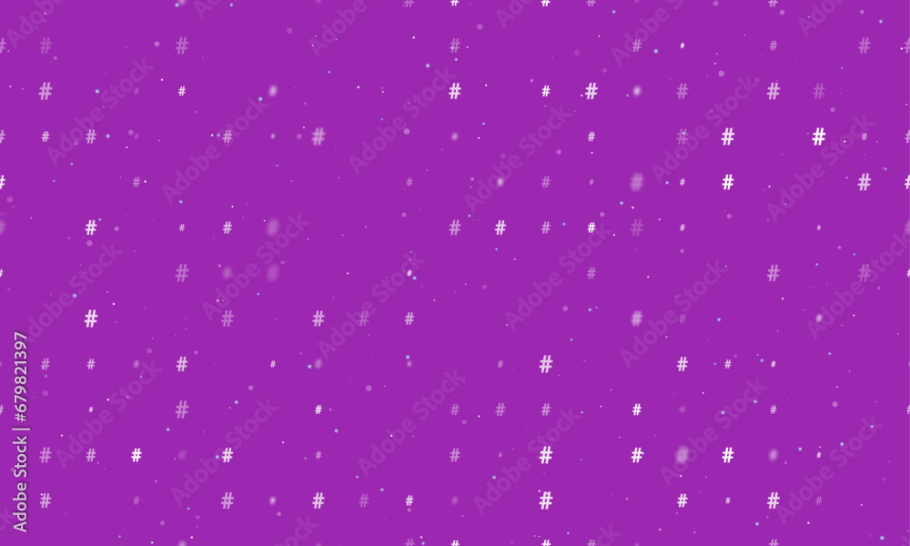 Seamless background pattern of evenly spaced white hash symbols of different sizes and opacity. Vector illustration on purple background with stars