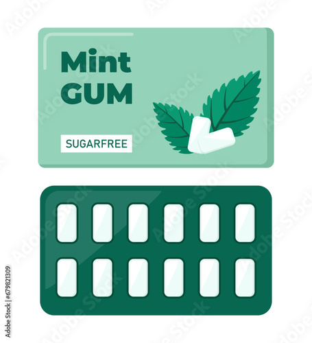 Chewing gum in a blister pack, mint flavor. bubble gum for dental hygiene. Vector illustration.