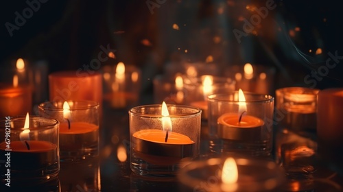 Burning candles on wooden table in dark room, space for text