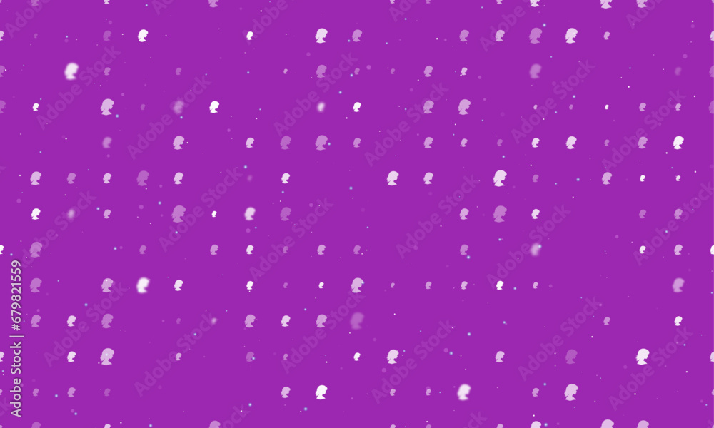 Seamless background pattern of evenly spaced white woman face profile symbols of different sizes and opacity. Vector illustration on purple background with stars