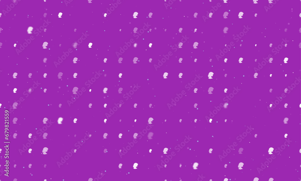 Seamless background pattern of evenly spaced white woman face profile symbols of different sizes and opacity. Vector illustration on purple background with stars Seamless background pattern of evenly spaced white woman face profile symbols of different sizes and opacity. Vector illustration on purple background with stars