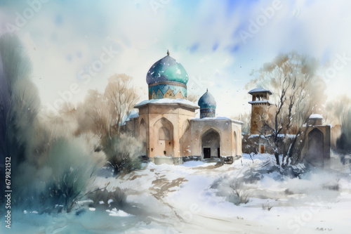 Uzbekistan in winter, watercolor. AI generative