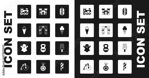 Set Hotdog sandwich, Circus curtain raises, Ice cream waffle cone, Toy train, Castle, and Ghost icon. Vector