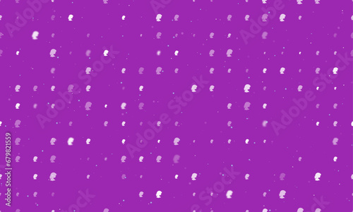Seamless background pattern of evenly spaced white woman face profile symbols of different sizes and opacity. Vector illustration on purple background with stars