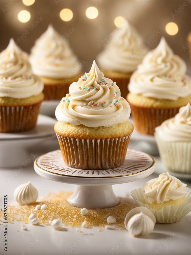 Delicious Cupcakes with White Frosting and Sprinkles on a Cake Plate Delicious Cupcakes with White Frosting and Sprinkles on a Cake Plate