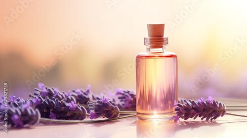 a bottle of liquid next to purple flowers