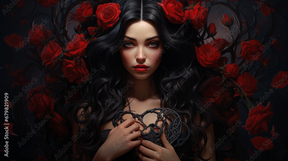 portrait of a girl with long black hair and a wreath of red roses on her head portrait of a girl with long black hair and a wreath of red roses on her head