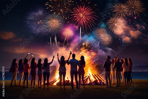 Celebrate the arrival of 2024 in a festive atmosphere, surrounded by the warmth of a bonfire and the glistening night sky adorned with bursts of colorful fireworks