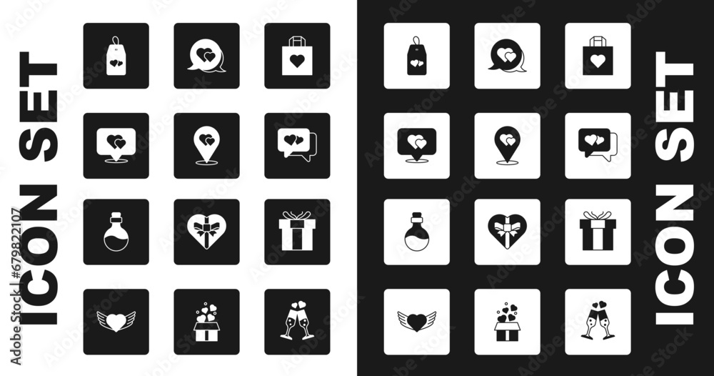 Set Shopping bag with heart, Location, Please do not disturb, Heart speech bubble, Gift box and Bottle love potion icon. Vector Set Shopping bag with heart, Location, Please do not disturb, Heart speech bubble, Gift box and Bottle love potion icon. Vector