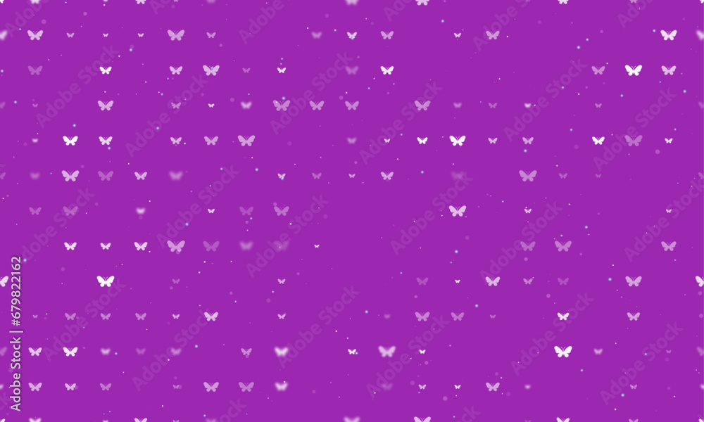 Seamless background pattern of evenly spaced white butterfly symbols of different sizes and opacity. Vector illustration on purple background with stars Seamless background pattern of evenly spaced white butterfly symbols of different sizes and opacity. Vector illustration on purple background with stars