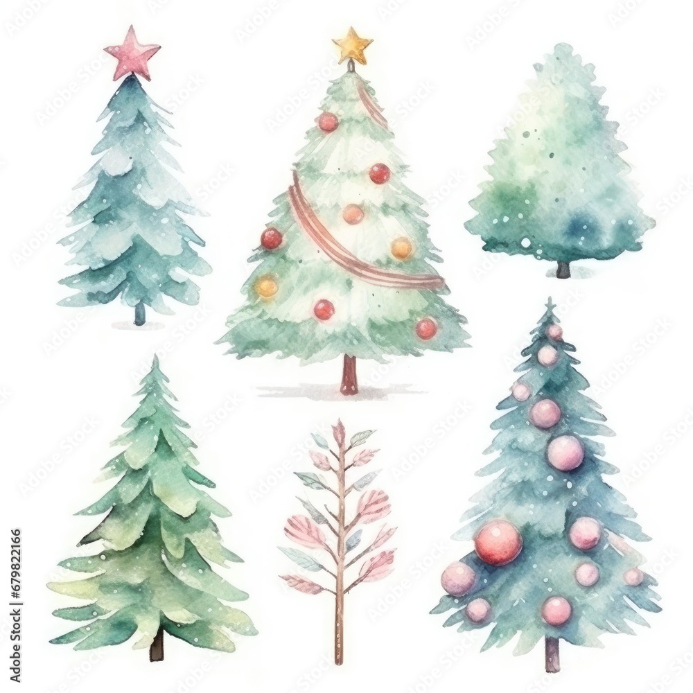 set Christmas green tree of watercolors on white background