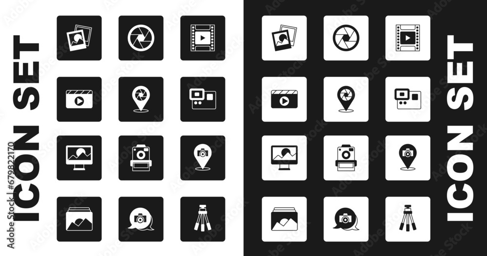 Set Camera film roll cartridge, shutter, Movie clapper, Photo frame, Action extreme camera, and retouching icon. Vector Set Camera film roll cartridge, shutter, Movie clapper, Photo frame, Action extreme camera, and retouching icon. Vector