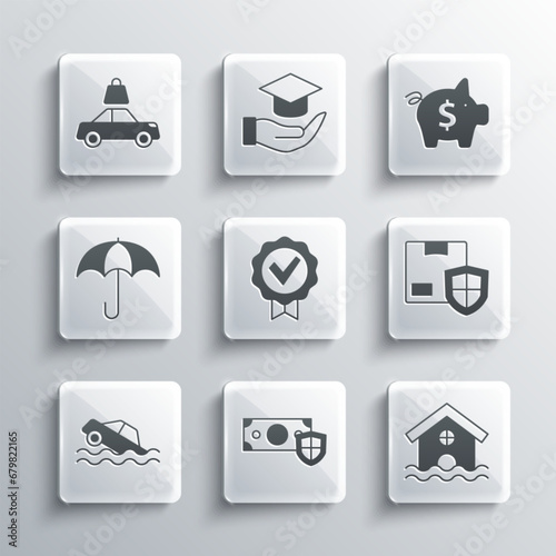 Set Money with shield, House flood, Delivery security, Approved and check mark, Flood car, Umbrella, Car insurance and Piggy bank icon. Vector