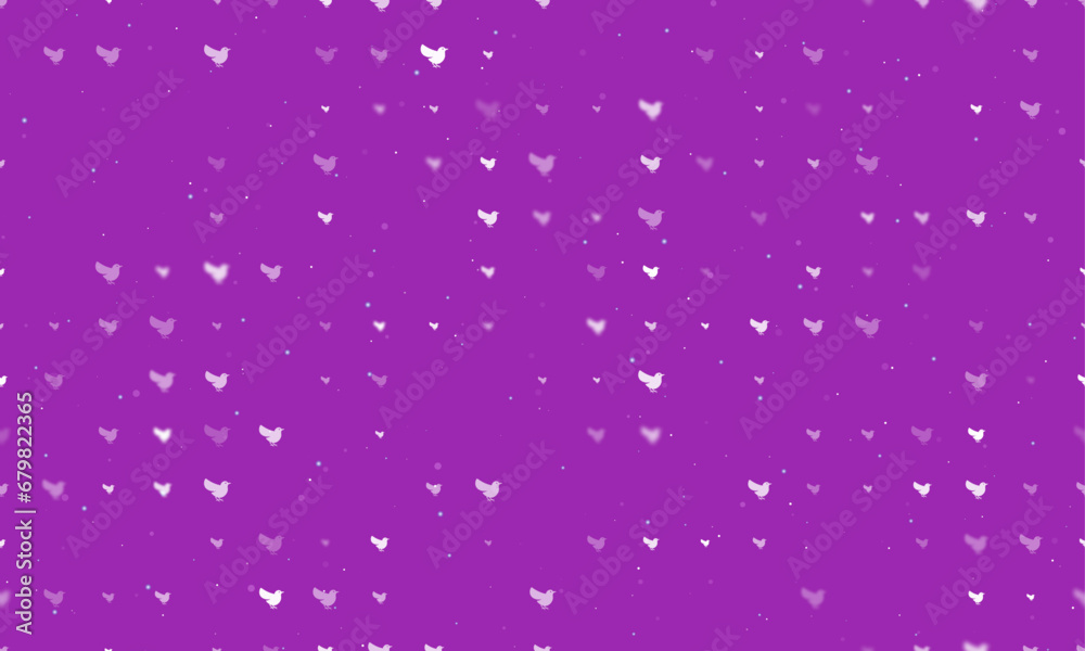 Seamless background pattern of evenly spaced white bird symbols of different sizes and opacity. Vector illustration on purple background with stars Seamless background pattern of evenly spaced white bird symbols of different sizes and opacity. Vector illustration on purple background with stars